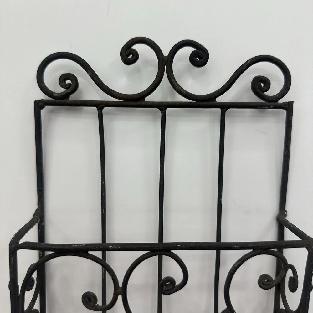 Vintage Iron Wall Rack 3 Bins 4 Hooks Home Office Storage Display Shelf 26